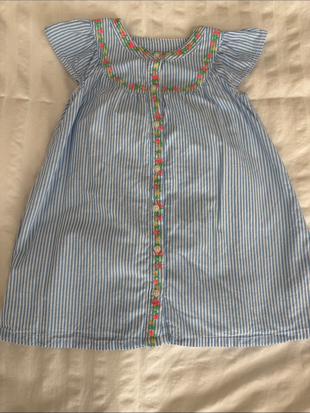 GAP Blue-and-White Striped Dress with Floral Embroidery